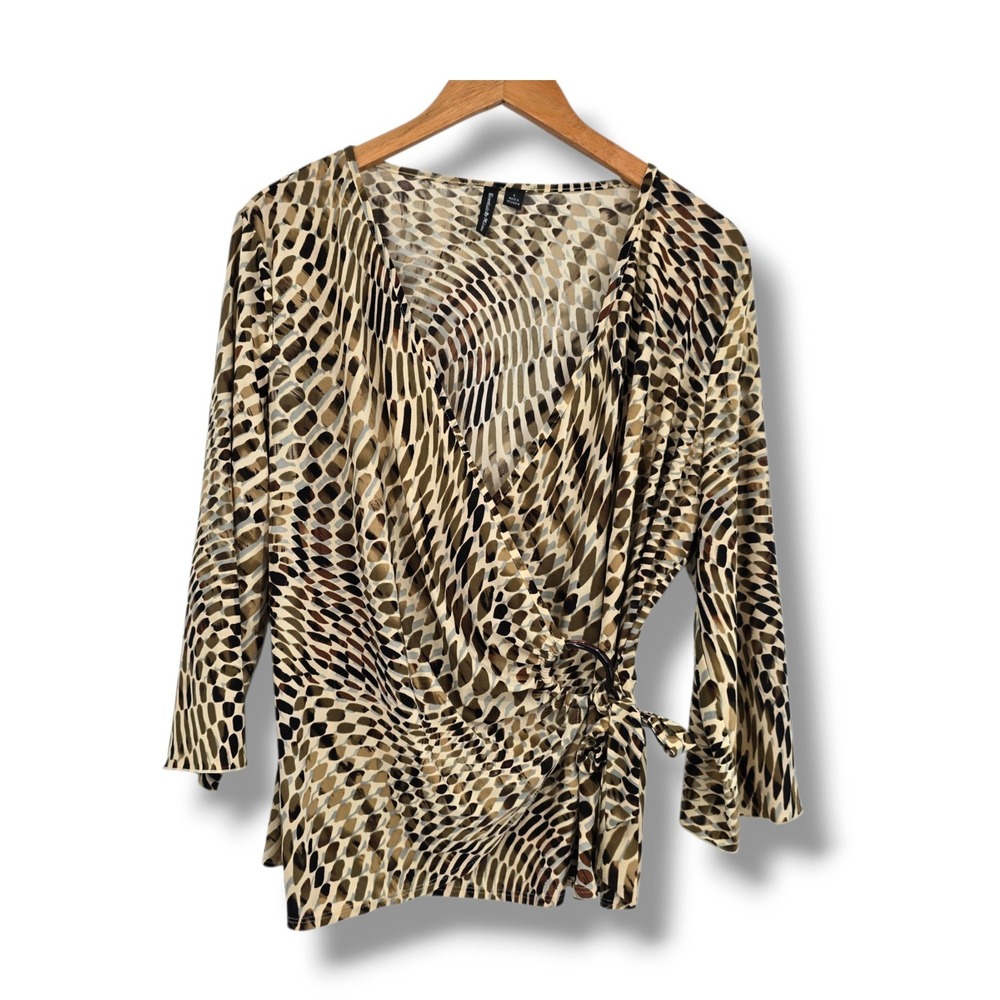 Essentials By Milano Women Tan Olive Abstract Print Ring Wrap Blouse Size L
